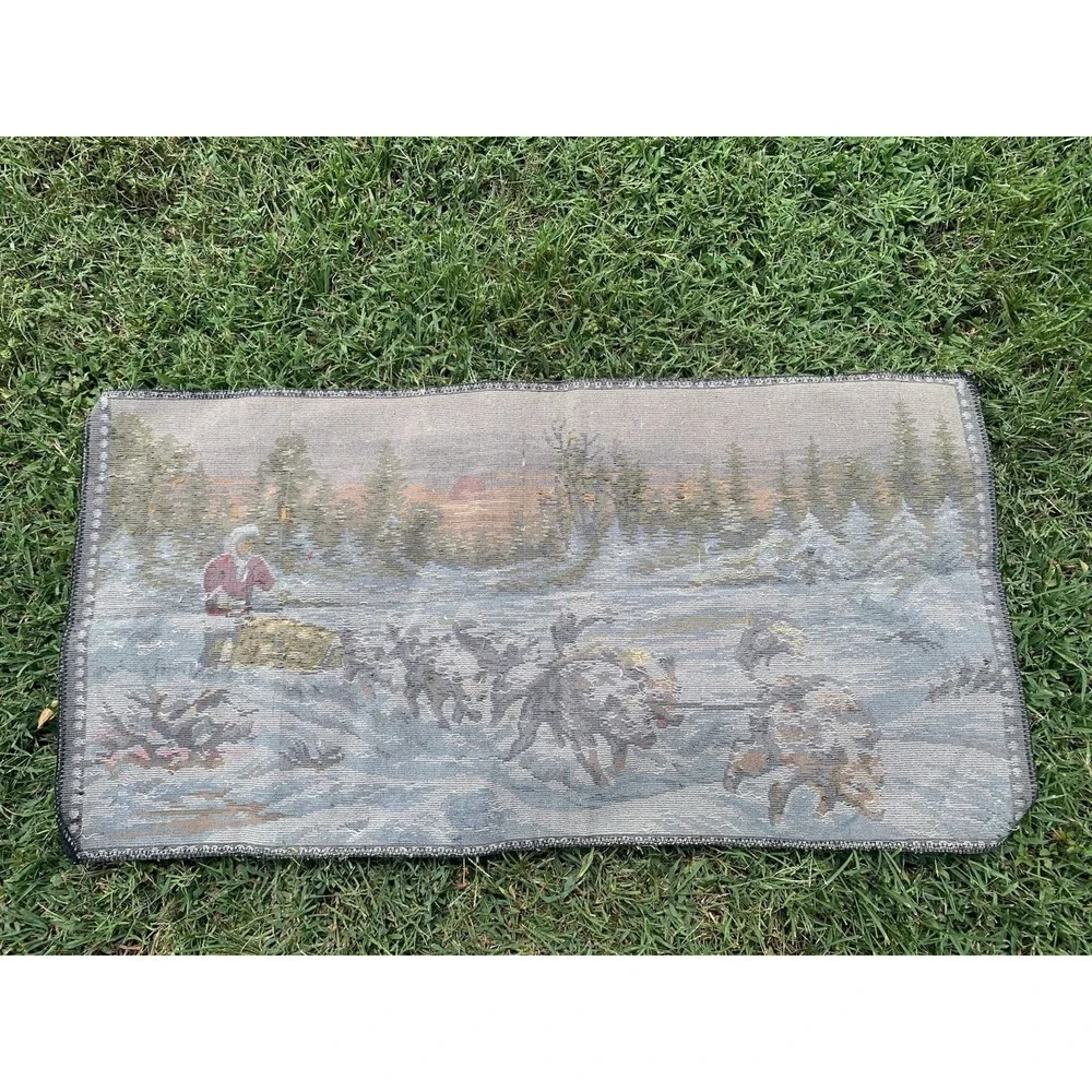 Vintage 60s Velvet Wall Tapestry Alaskan‎ Iditarod Dog Sledding Snowy Sunrise